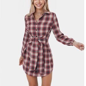 HALARA Red Plaid Long Sleeve Dress